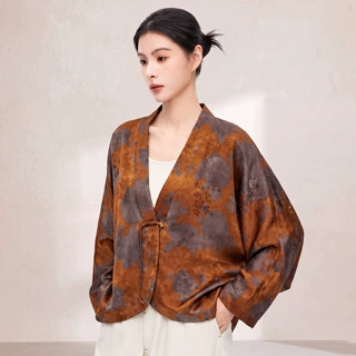 0361一件代发100%桑蚕丝新中式外套女秋款复古花卉印花宽松插肩袖