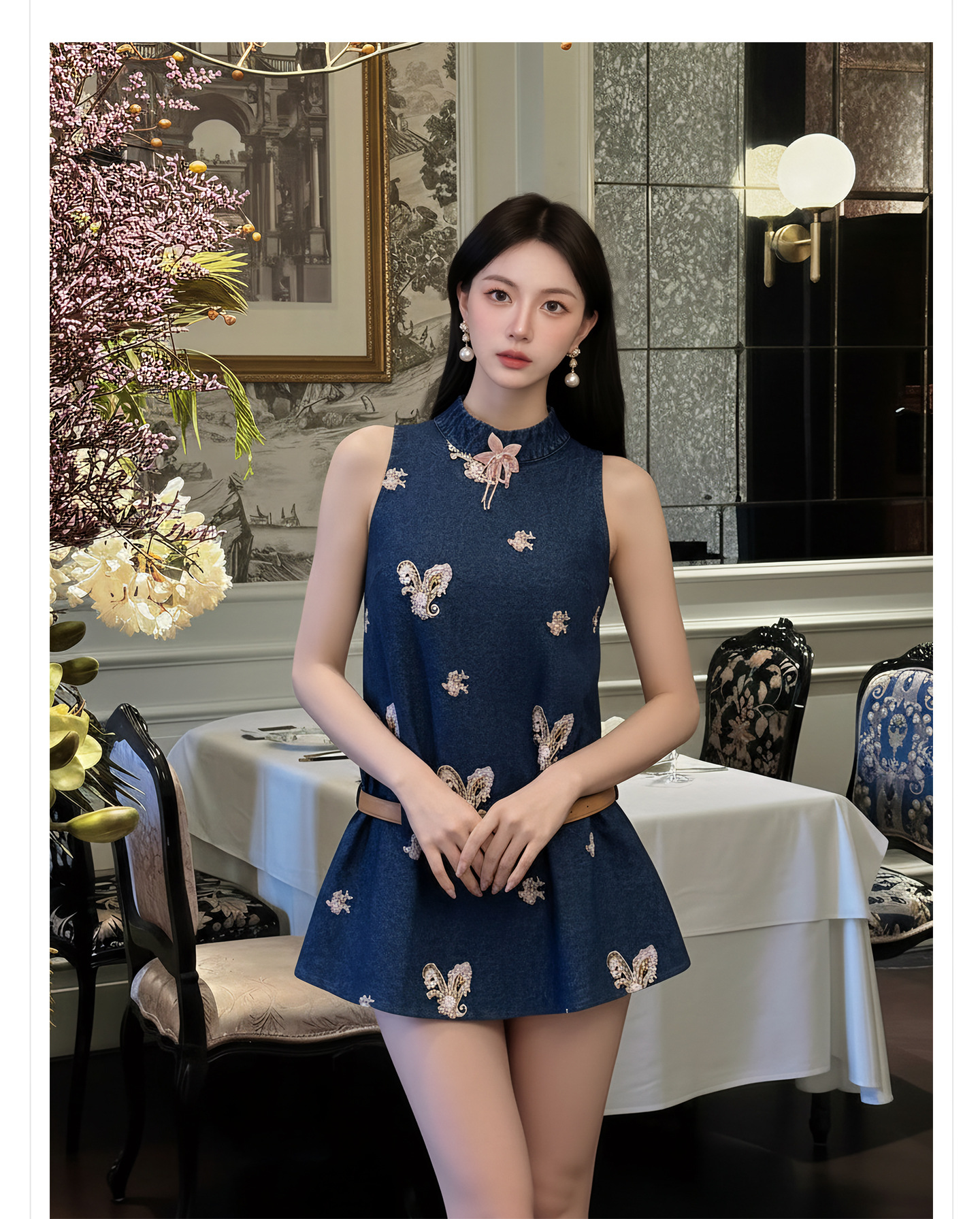 Bộ quần short jean nữ lưng cao kèm áo vest không tay phong cách Tân Trung Hoa — bộ đồ, Trang chủ, quần đùi chi tiết 3