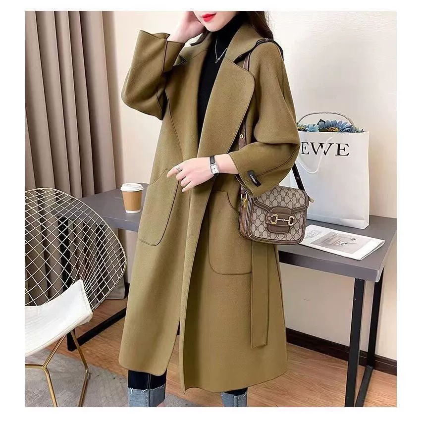 Европейские и американские двухсторонние кашемировые пальто 2024 осень и зима новые женские средние и длинные свободные шнуровки