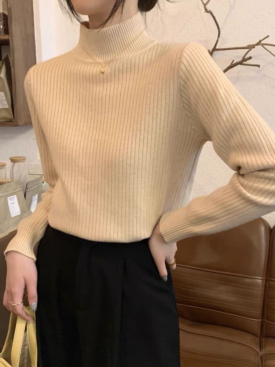 美拉德加厚一体绒针织毛衣女2024春秋冬半高领内搭加绒打底衫上衣