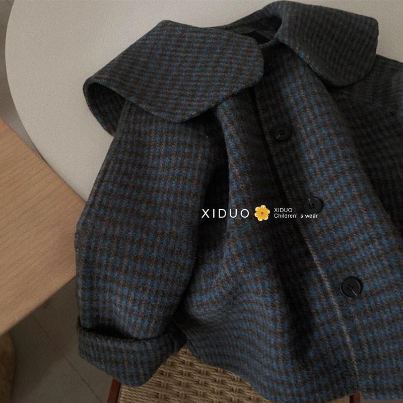 Girls' Plaid Coat Spring and Autumn Korean Children's Clothing Woolen Woolen Coat Kidsren's Lapel Casual Short Navy Collar Coat