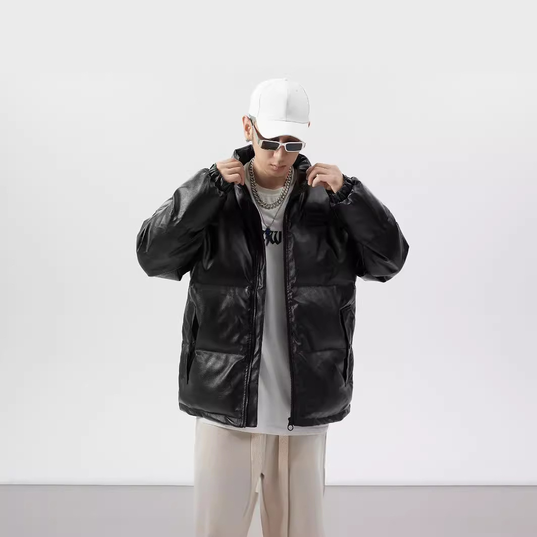 Herren Stehkragen PU Leder Bomberjacke Winter Samtgefüttert Verdickter Mantel Warm Gepolsterter Parka Stilvolle Streetwear_voghion.com