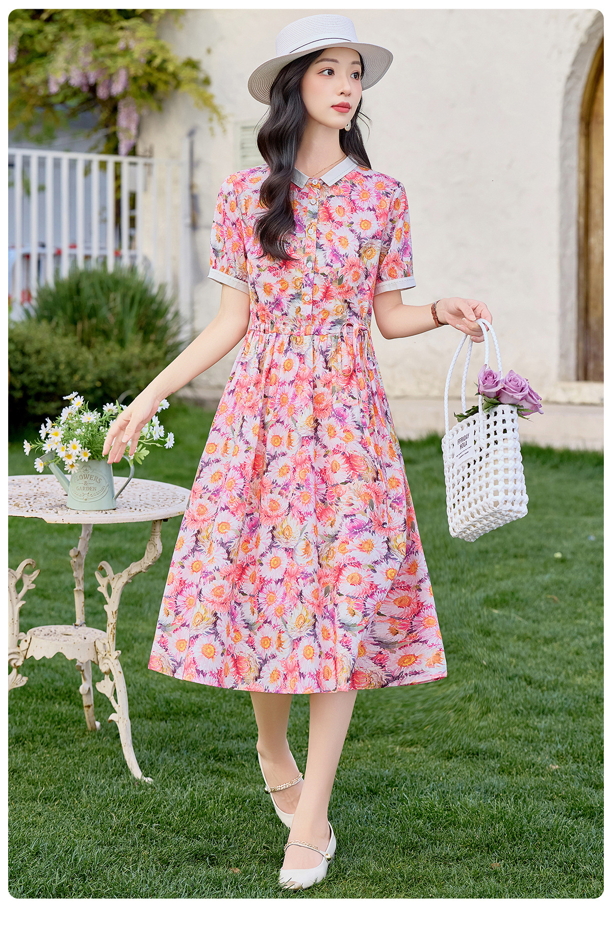Đầm maxi nữ thắt eo họa tiết hoa nhí dáng suông rộng tay ngắn — màu đỏ chi tiết 5