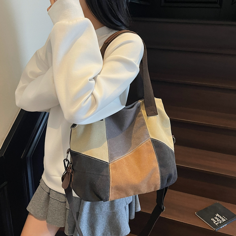 Bolso tote retro estilo de Hong Kong 2025 nuevo bolso de lona con costuras en contraste bolso de hombro bolso de mensajero de gran capacidad mujer