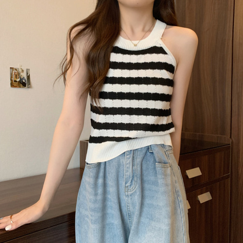 Black and white color block striped short halterneck camisole women's inner wear summer sweater sleeveless bottoming top