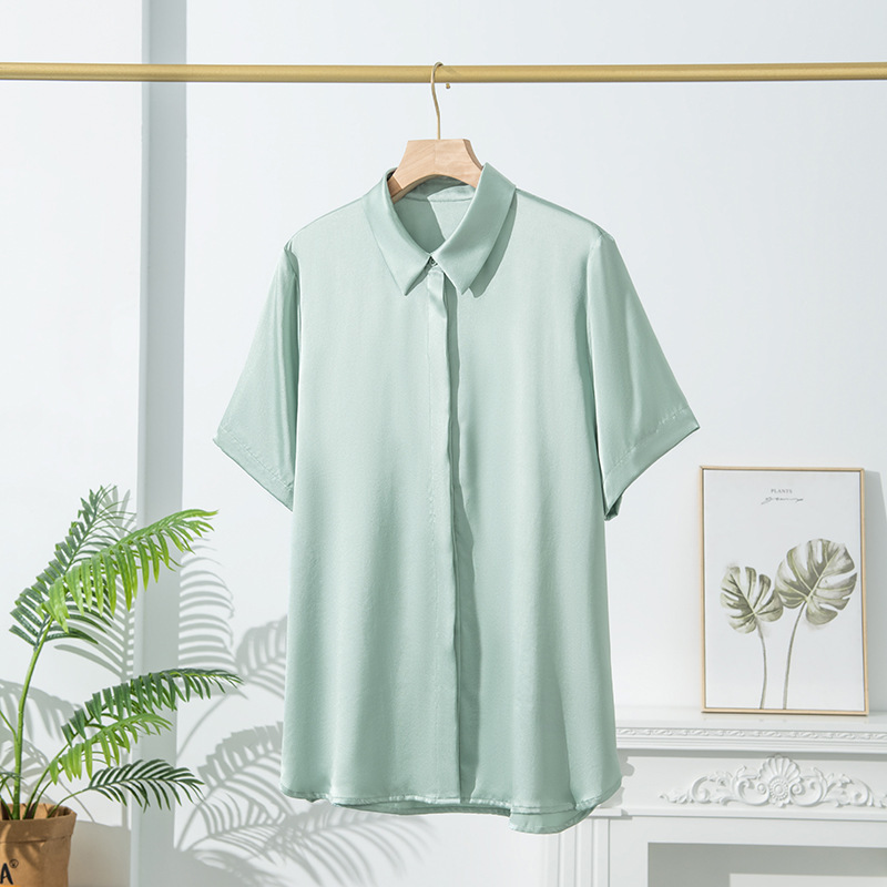 Summer New Style Mulberry Silk Heavy Silk Shirt Women's Short-Sleeved Commuter Square Collar Shirt Loose Solid Color Casual Wholesale
