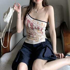 ti小姐姐90s辣妹吊带背心女夏季美式复古甜酷印花斜肩上衣