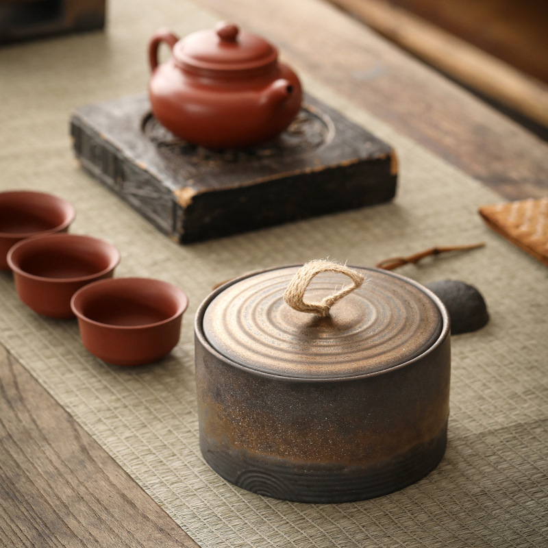 Tarro de té de gres hecho a mano de estilo japonés creativo mango de cuerda de cáñamo Almacenamiento de cerámica productos secos tarro sellado tarro de envasado de té