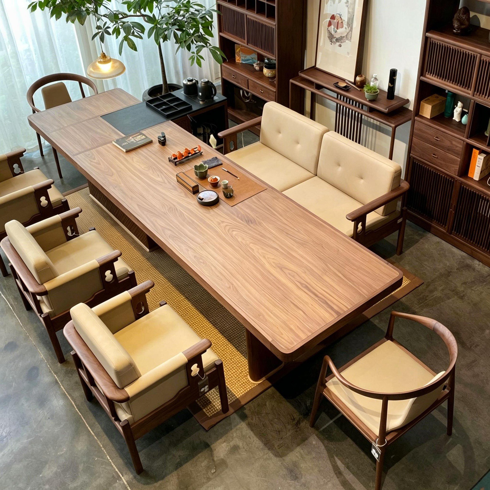 New Chinese-style solid wood tea table and chair set, high-end minimalist North American black walnut tea table, office furniture