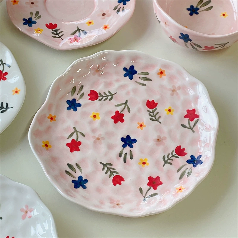 Керамическая тарелка dessert из разноцветной глазурованной таблицы дом декоративная ручная роспись розовый цветочный дизайн нестандартные блюда