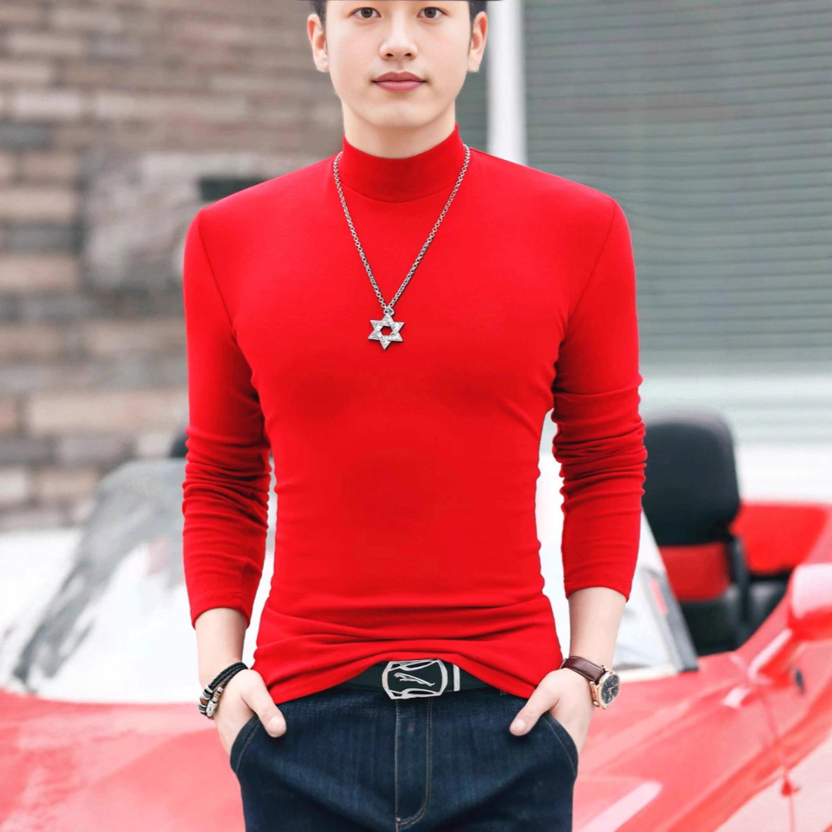 American Half Turtleneck T-Shirt Men's Tight Elastic Long-Sleeved Intimates Ice Silk Modal Mid-High Collar Candy Color Bottoming Shirt