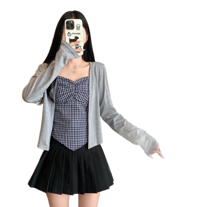 2025夏季新款大码胖MM薄款防晒罩衫格纹吊带两件套|undefined