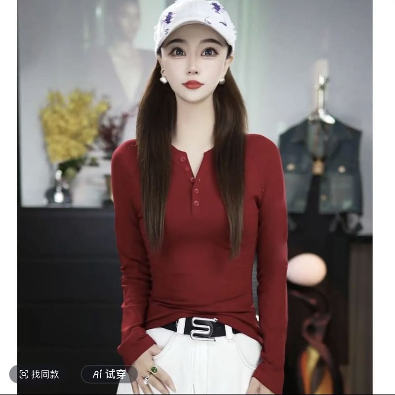2025早秋小众设计V领纽扣打底衫女修身长袖辣妹显瘦正肩开衫上衣|undefined