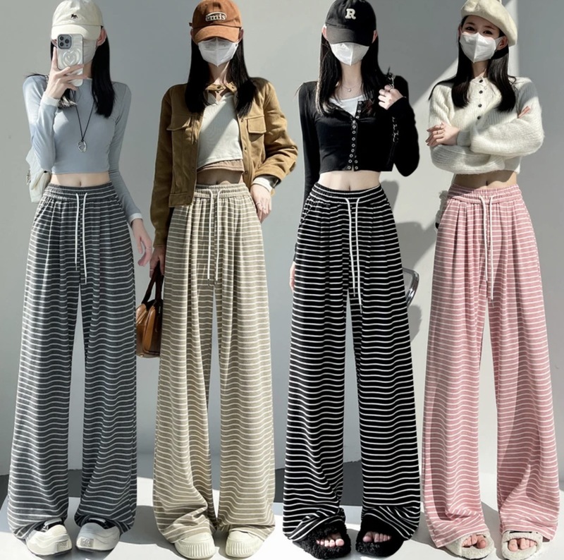 秋季新款条纹阔腿裤女高腰垂感慵懒风显瘦糯米休闲裤宽松直筒裤子|undefined