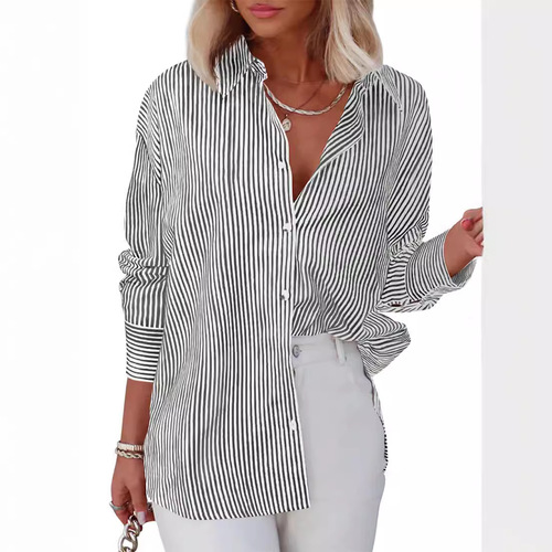 2024 Amazon Women's Striped Button-down Shirt Classic Long Sleeve Fashion Collared Office Work Shirt Top