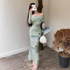 新中式御姐风水墨印花一字肩连衣裙设计感小众性感辣妹修身包臀裙