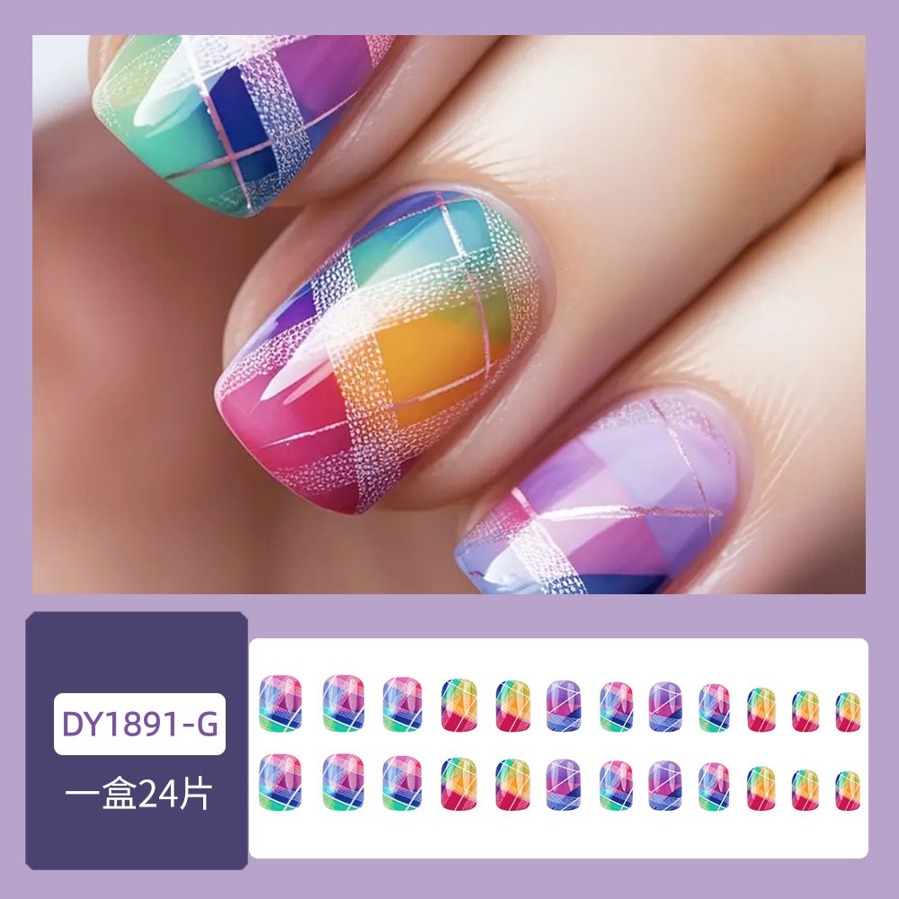 Comercio exterior arco iris cuadrícula gradiente de uñas falsas europeas y americanas 24 piezas de uñas de primavera y verano
