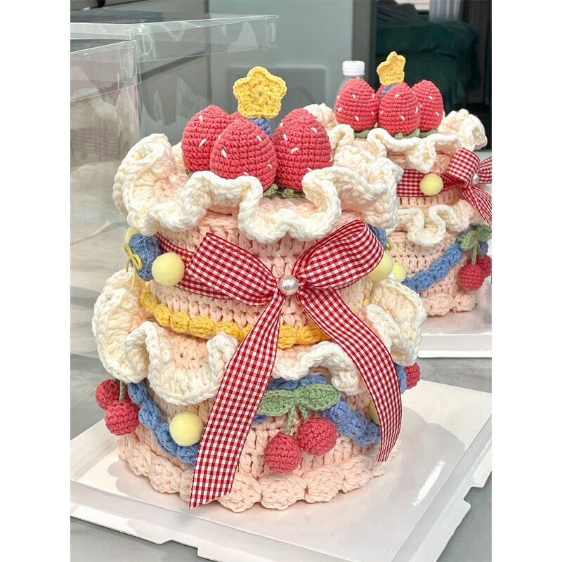 Wool Crochet Oversized Strawberry Double-Layer Cake Handmade DIY Birthday Gift Knitting Material Package for Best Friend