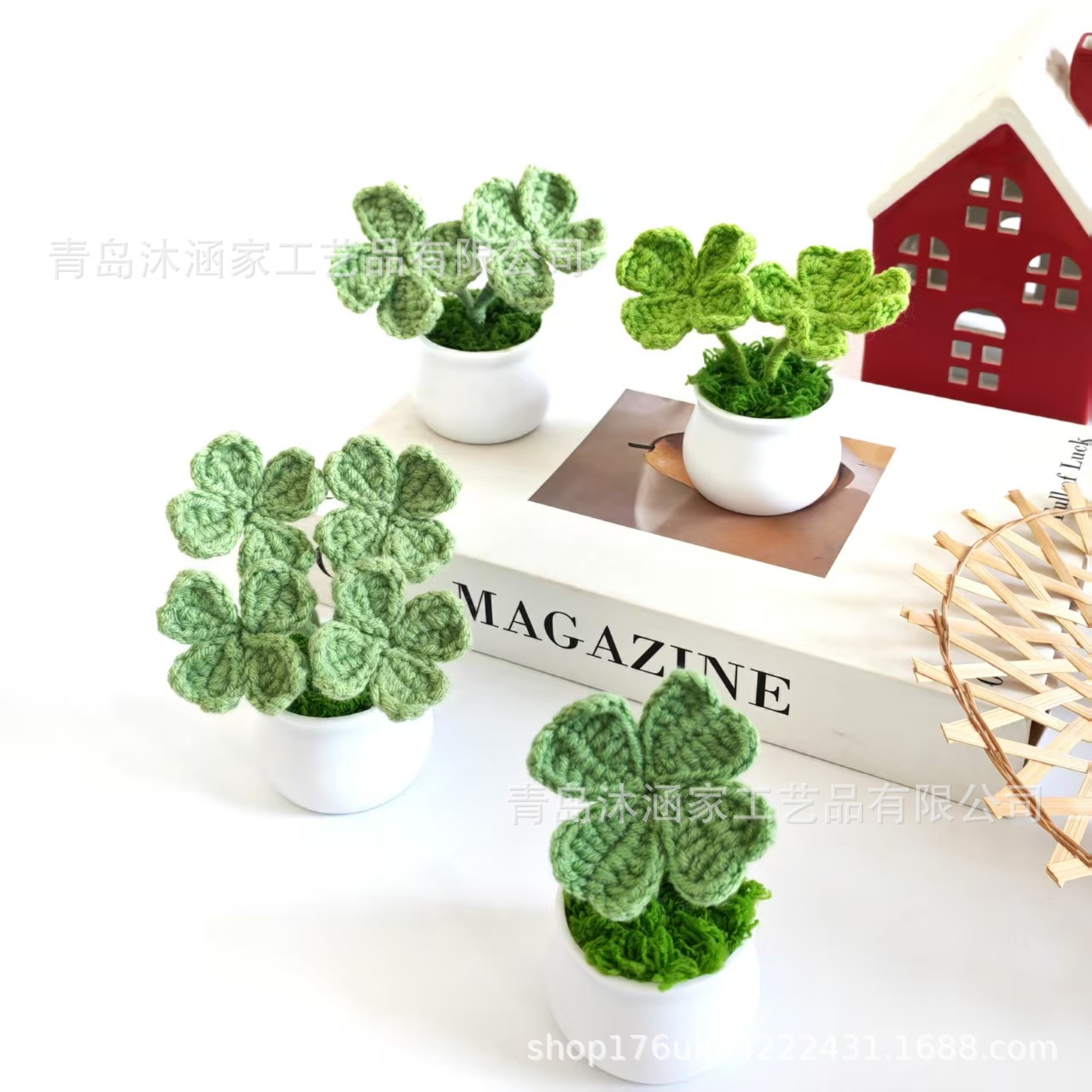Finished Teacher's Day Artificial Flower Four-Leaf Clover Small Potted Plant Hand-Knitted Four-Leaf Clover Wool Flower Ins Home Decoration