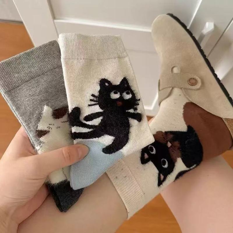 秋季新品简约甜美设计卡通猫咪后跟小猫跟随ins潮高颜值中筒袜子|undefined