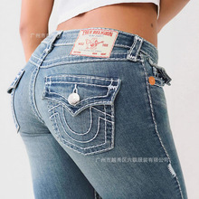 欧美跨境true religion水洗做旧白色粗线性感牛仔裤女潮牌喇叭裤