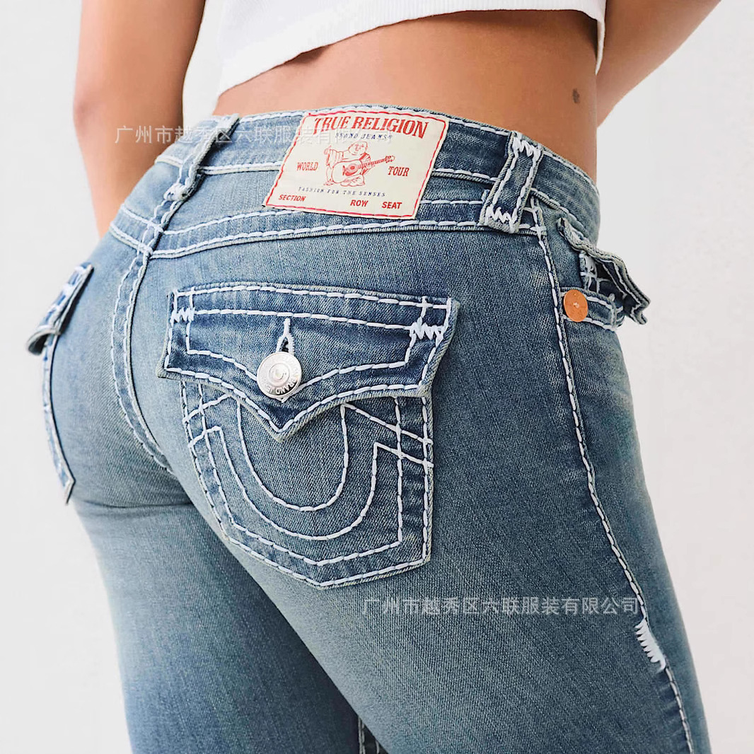 European and American Cross-Border True Religion Washed Vintage White Thick-Thread Sexy Jeans Women's Trendy Brand Flared Pants