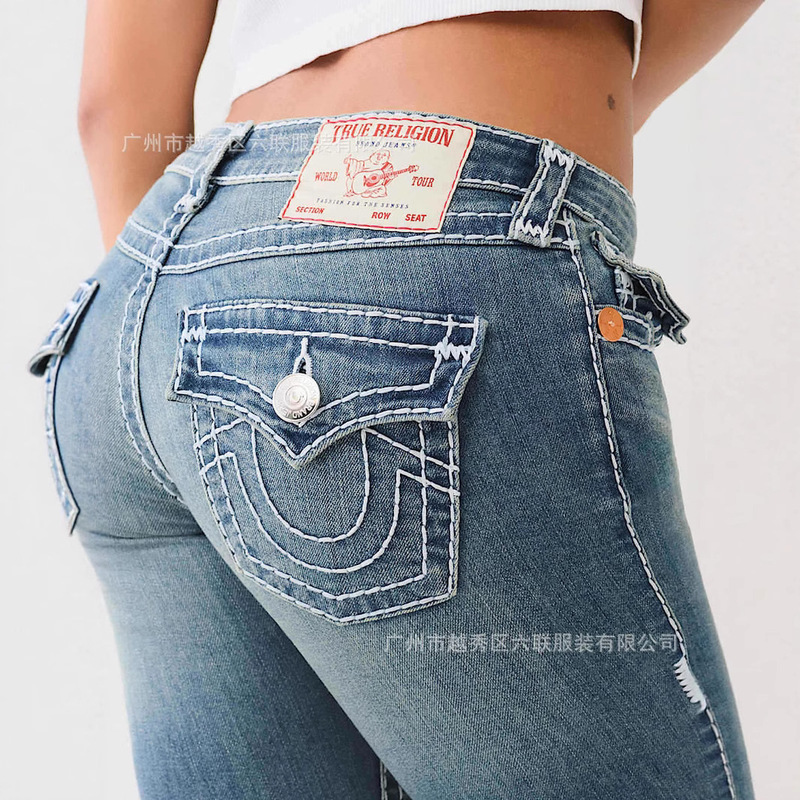 European and American Cross-Border True Religion Washed Vintage White Thick-Thread Sexy Jeans Women's Trendy Brand Flared Pants