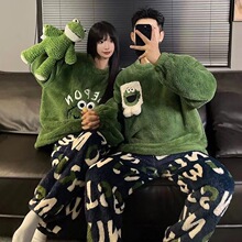 新款冬季睡衣男女士珊瑚绒圆领套头情侣秋冬加绒加厚家居服套装
