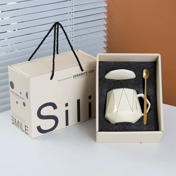 New water cup birthday gift set, Marco cup personalized gift, ceramic water cup with lid and spoon, gift box set