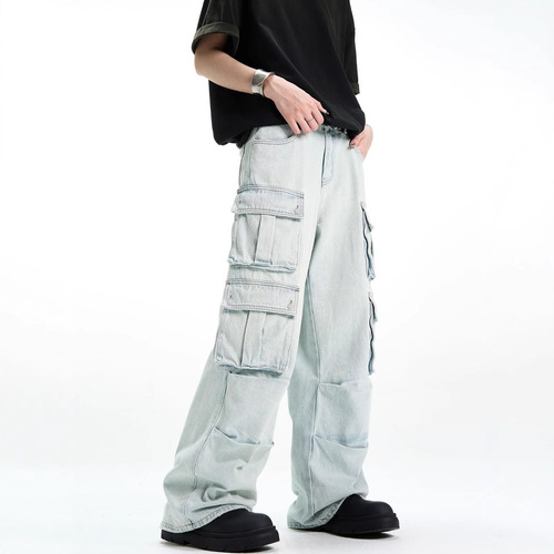 American Retro Multi-Pocket Washed Straight Leg Workwear Jeans for Men and Women Street Wide Leg Casual Pants Trend Brand