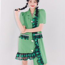 S1324韓版東大門單排扣時尚襯衣裙子中長款短袖綠色連衣裙夏新款