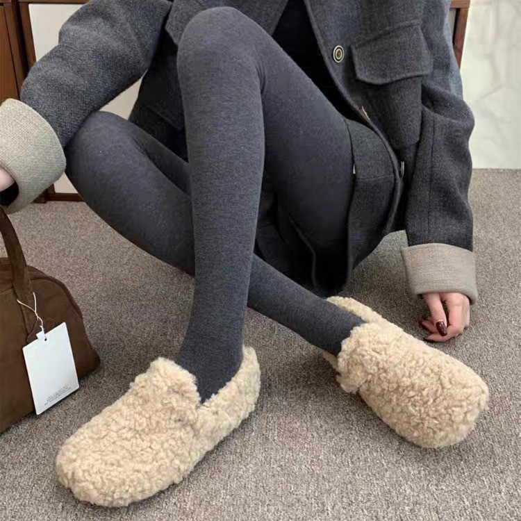 加绒保暖平底毛毛鞋女厚底外穿一脚蹬单鞋棉鞋瓢鞋