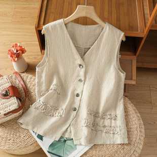 Actual Shot of 2025 Hemp Retro Stripesd Small Lace V Neck Sleeveless Vest with Loose Round Neck Top Jacket