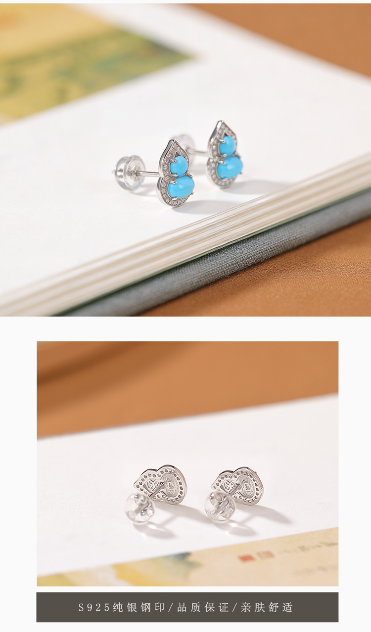 Bông tai bạc S925 đính đá turquoise hình hồ lô phong thủy may mắn — Cặp đôi chi tiết 5