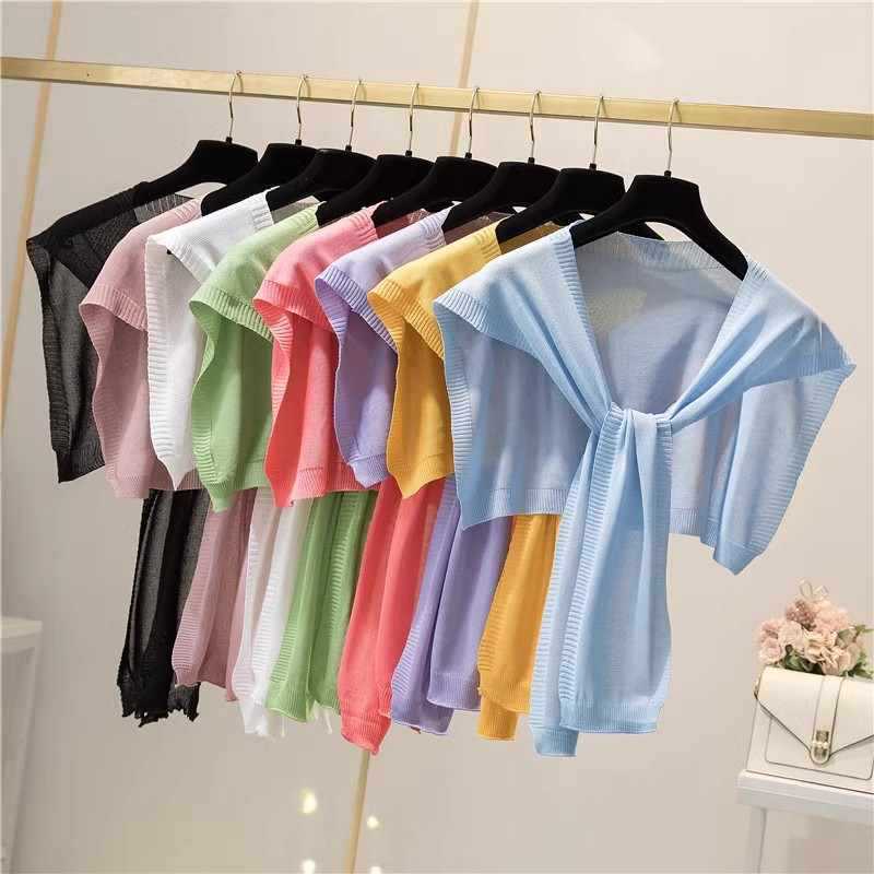 Spring and Autumn Thin Ice Silk Knitted Shawl Shirt T-Shirt Outerwear Knotted Vest Summer Casual Neck Protector Shoulder Wrap