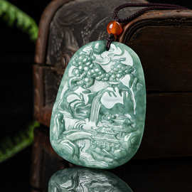 天然a货翡翠豆绿人物山水牌冰种吊坠挂件男女款玉佩四会玉器批发