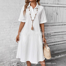 亚马逊 速卖通2025夏季新款跨境外贸休闲女装纯色短袖棉麻连衣裙