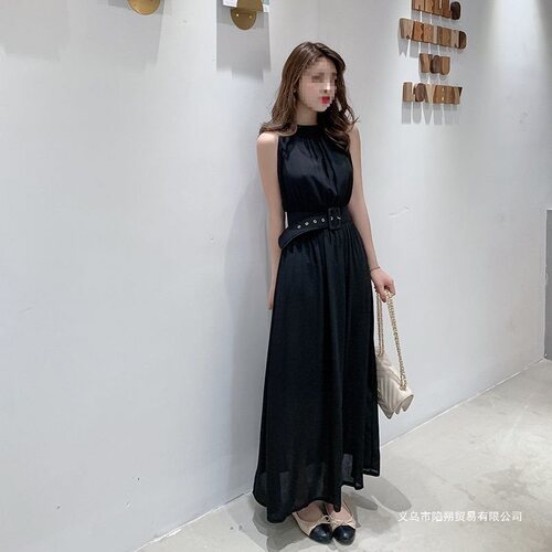 Chiffon dress 2026 summer new Korean women's slim long sleeveless dress beach dress [with belt]