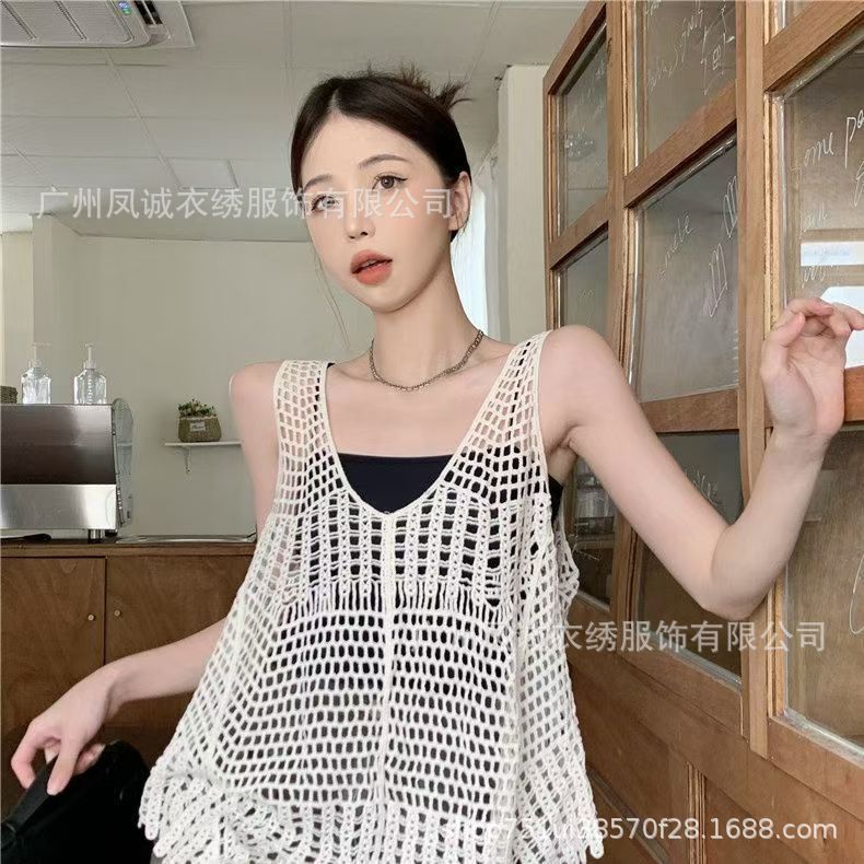 Summer Crochet Hollow Knitted Vest Women's Loose Design Sense Niche Age-reducing All-match Chic V-neck Top