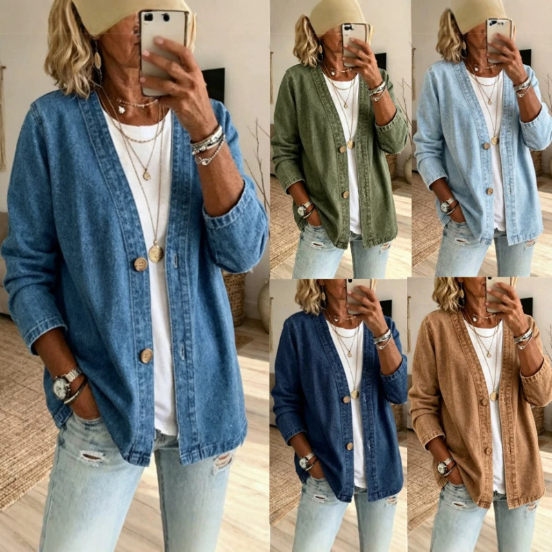Cross-Border Independent Site Cross-Border Denim Jacket New Style European and American Long-Sleeved Casual Denim Cardigan Jacket