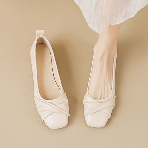 Whiskey Girl 9169-5 Thick Heel Single Shoes Women's Summer Shallow Mouth Low Heel Soft Sole Peas Shoes Wide Fat Feet Large Size Women's Shoes