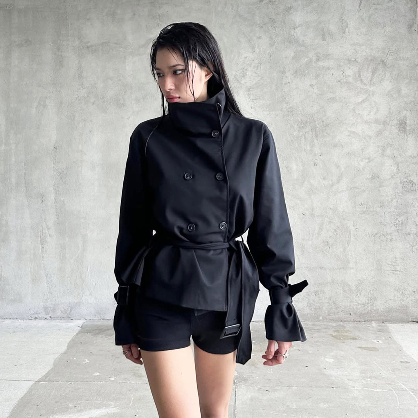 美式街头暗黑风简约立领腰带收腰工装休闲风衣辣妹高级感夹克外套