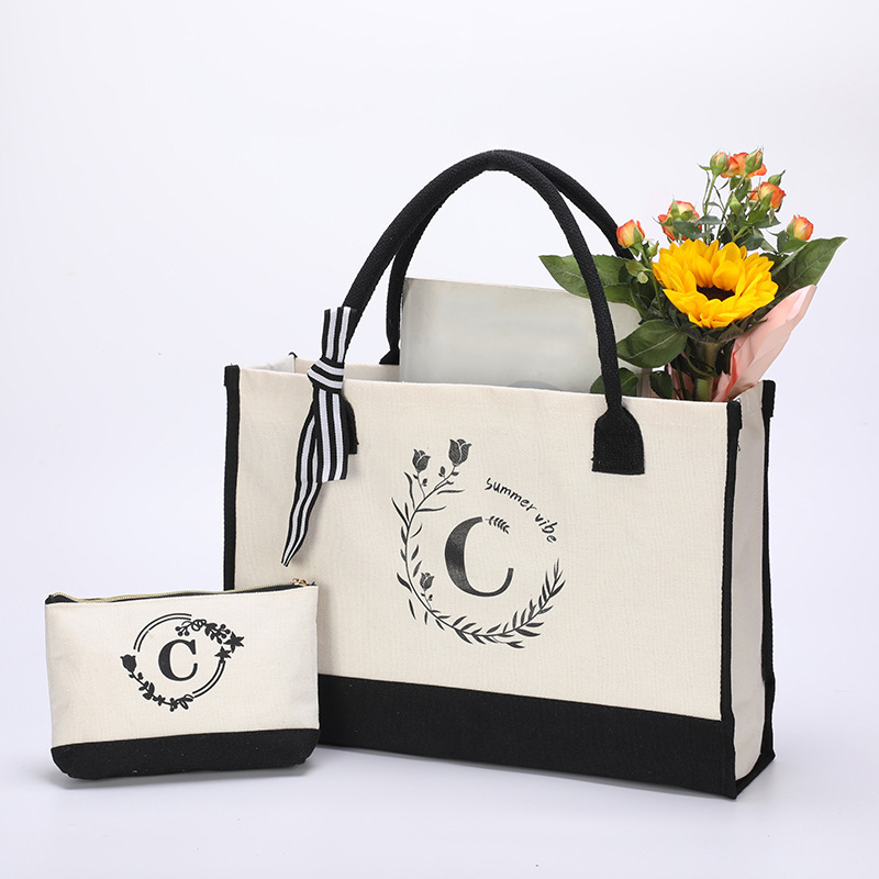 Cross-border hot selling canvas bag personalized first printing letter A- Z cosmetic bag suit portable shopping bag beach bag