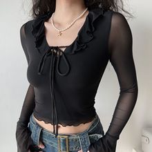 欧美风V领荷叶边系带黑色网纱长袖T恤女性感修身短款上衣