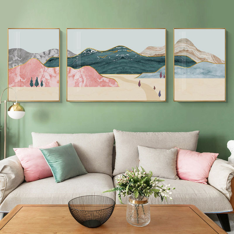 Creative abstract simple Morandi ins landscape painting creative triple living room sofa background wall decorative painting Creative abstract simple Morandi ins landscape painting creative triple living room sofa background wall decorative painting