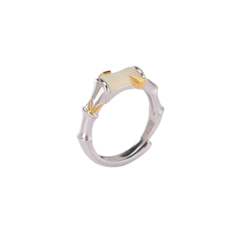 Nhẫn bạc S925 mạ vàng ngọc Hetian cổ điển họa tiết lá tre, khớp mở điều chỉnh — Mở một size