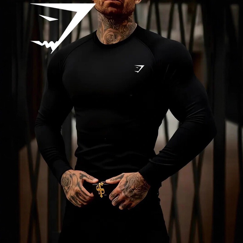 Gymshark New Running Sports Fitness Long-Sleeved Men's Elastic T-Shirt Tight Cycling Top Running Shark Gymshark New Running Sports Fitness Long-Sleeved Men's Elastic T-Shirt Tight Cycling Top Running Shark