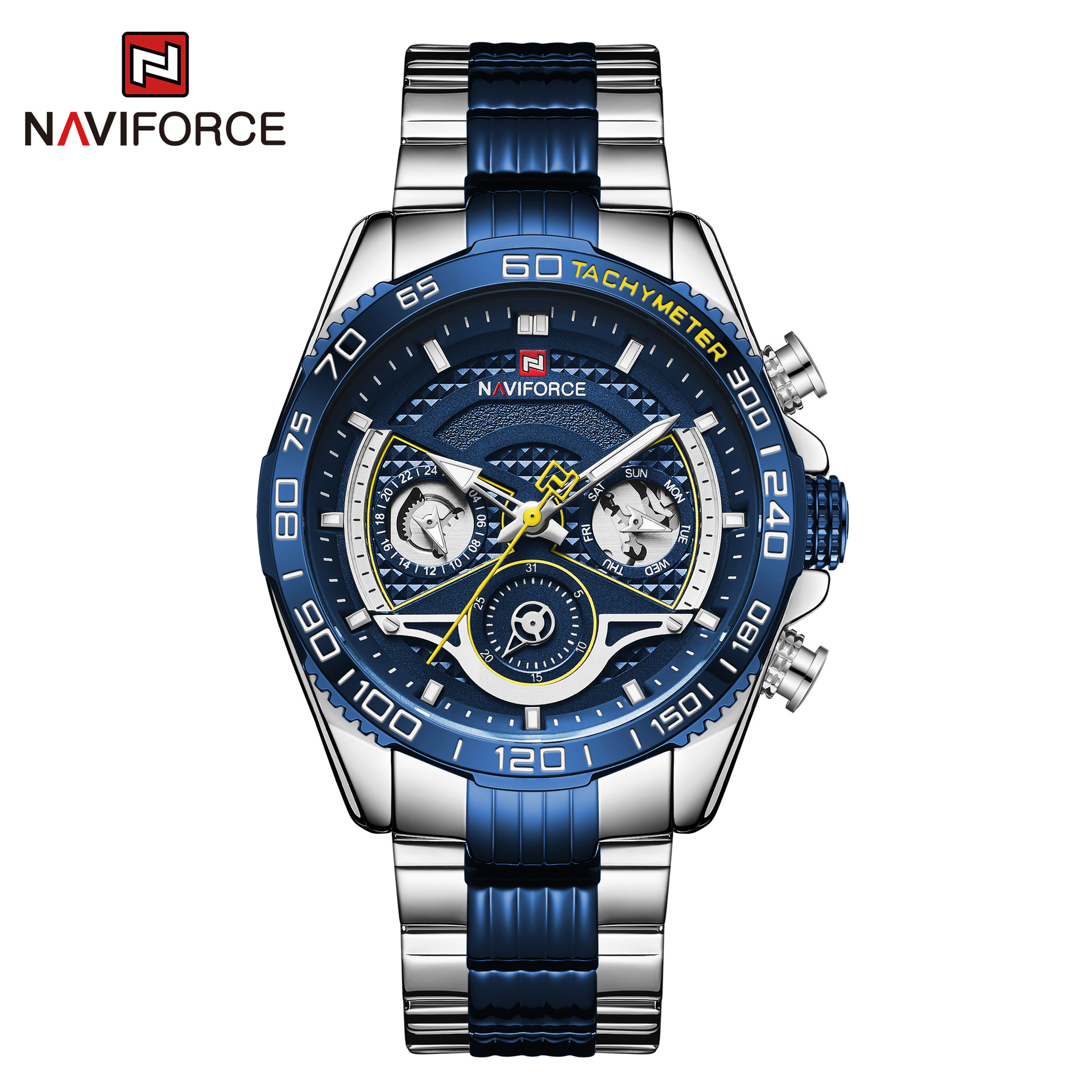Relógio esportivo masculino com calendário, pulseira de aço e modelo 9185 Six NAVIFORCE/Lingxiang Pin._voghion.com