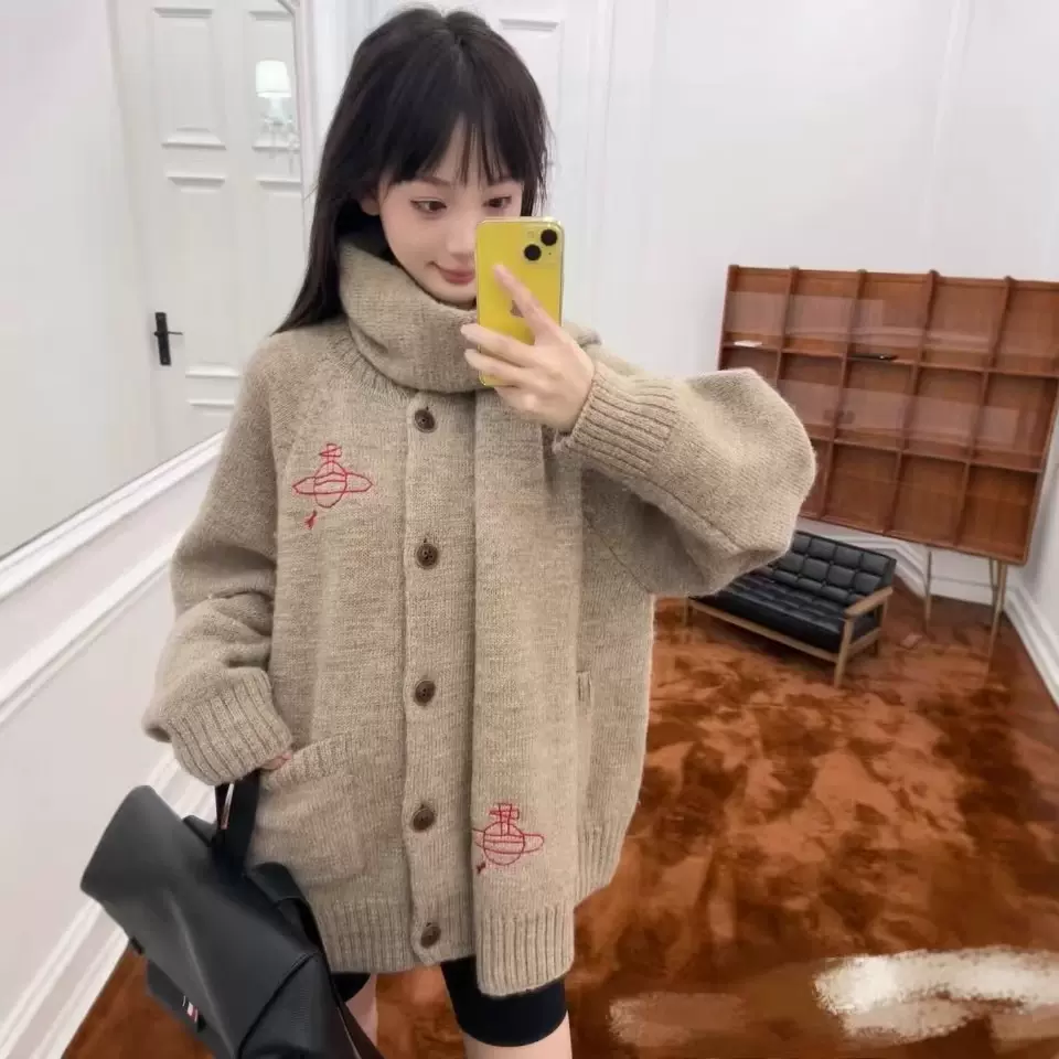 新款重工土星刺绣毛衣外套针织开衫带围巾法式复古慵懒港风上衣女