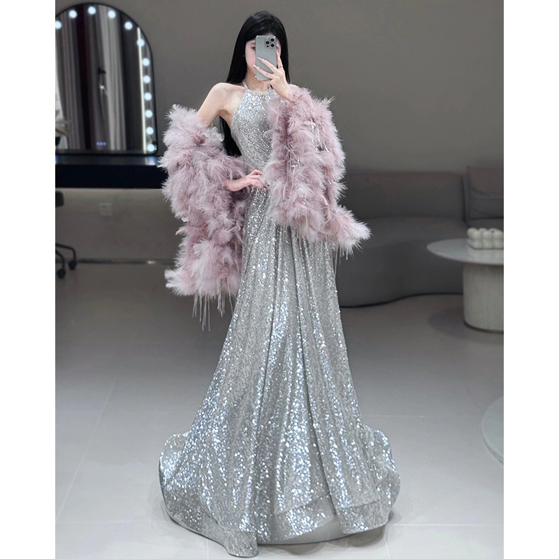 2026 nuevo estilo ligero lujoso pluma rosa chaleco vestido de fiesta de sequillas